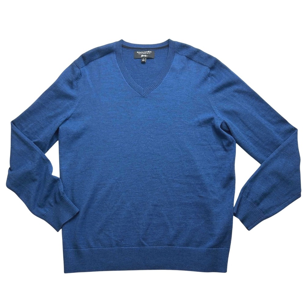 Banana Republic Mens Blue Italian Merino Wool V-Neck Sweater Large Baruffa Yarn